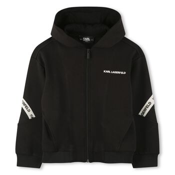 Boys Black Logo Hooded Zip Up Top