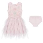 طقم فستان تول باللون وردي مكشكش للبنات , 1, hi-res