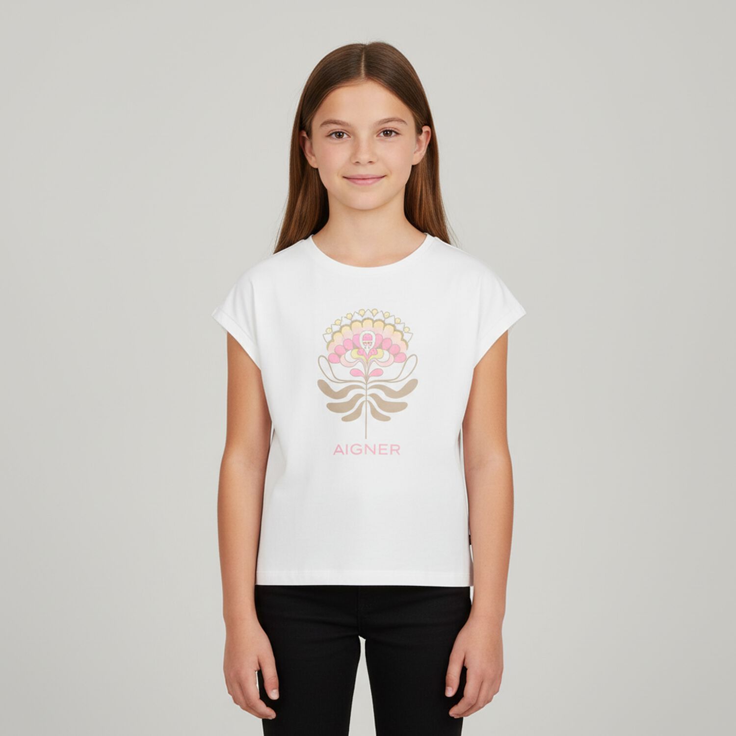 Girls White Flower Logo T-Shirt, 1, hi-res image number null