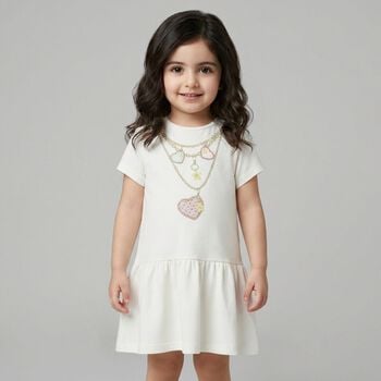 Younger Girls Ivory Necklace Logo Dress