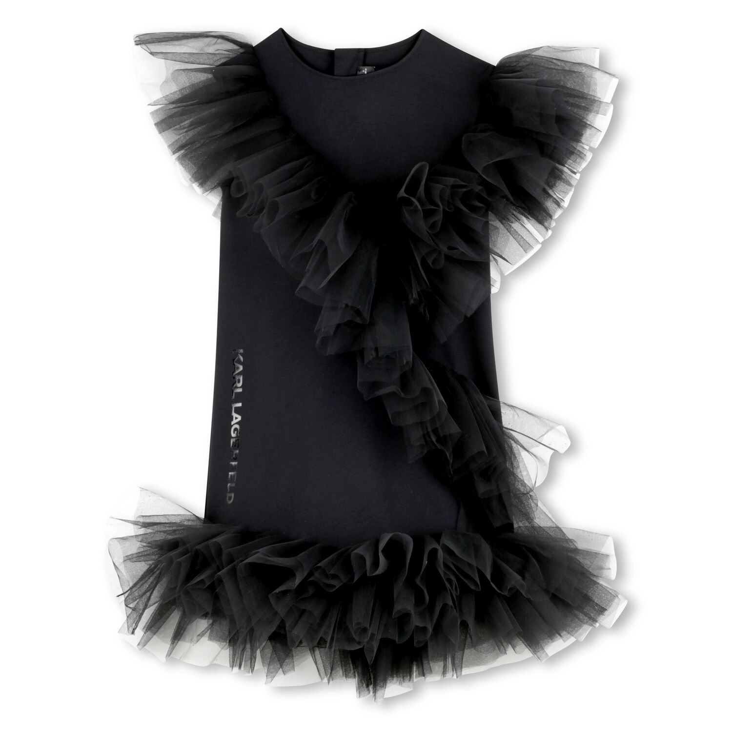 Girls Black Logo Tulle Ruffle Dress, 1, hi-res