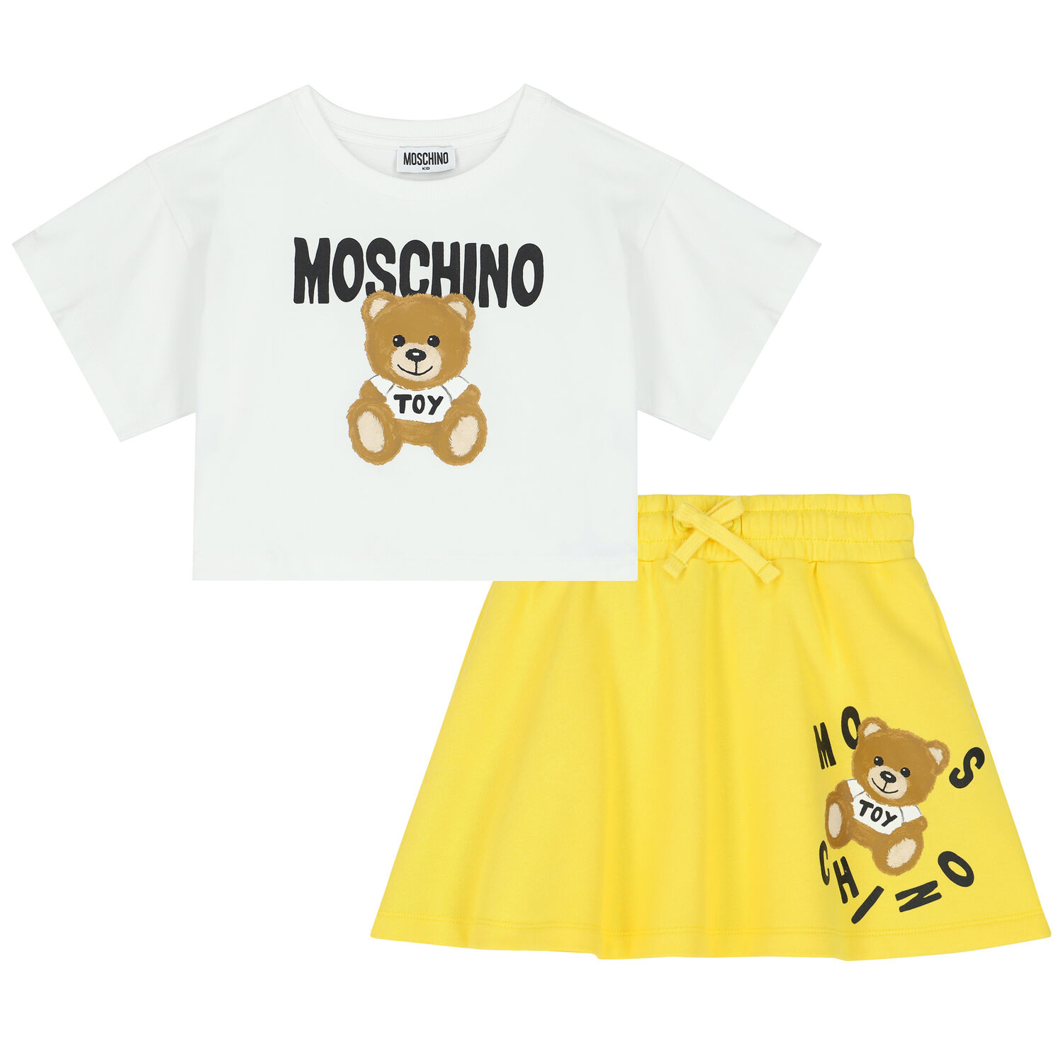 Girls White & Yellow Teddy Logo Skirt Set, 2, hi-res