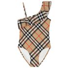 Girls Beige Check Swimsuit, 1, hi-res