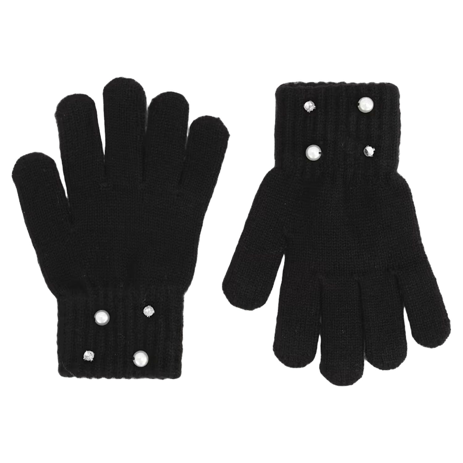 Girls Black Embellished Knitted Gloves, 2, hi-res