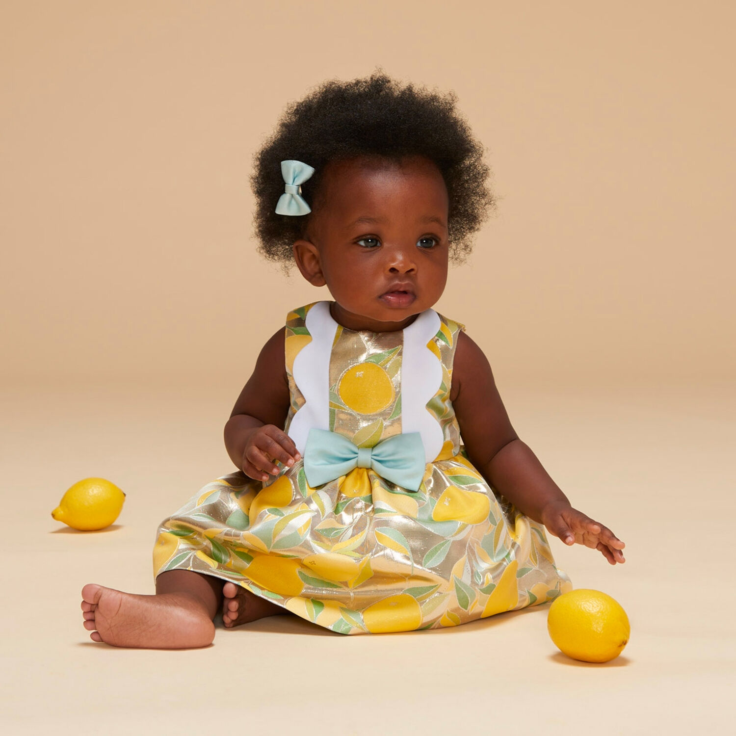 Baby Girls Gold Lemon Jacquard Dress Set, 1, hi-res