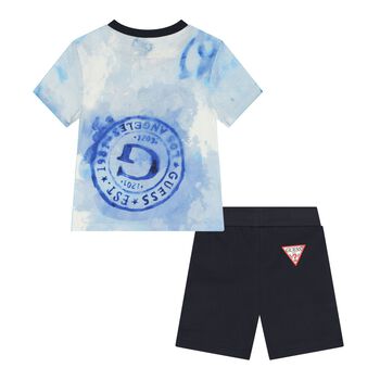 Baby Boys White, Blue & Navy Blue Logo Shorts Set