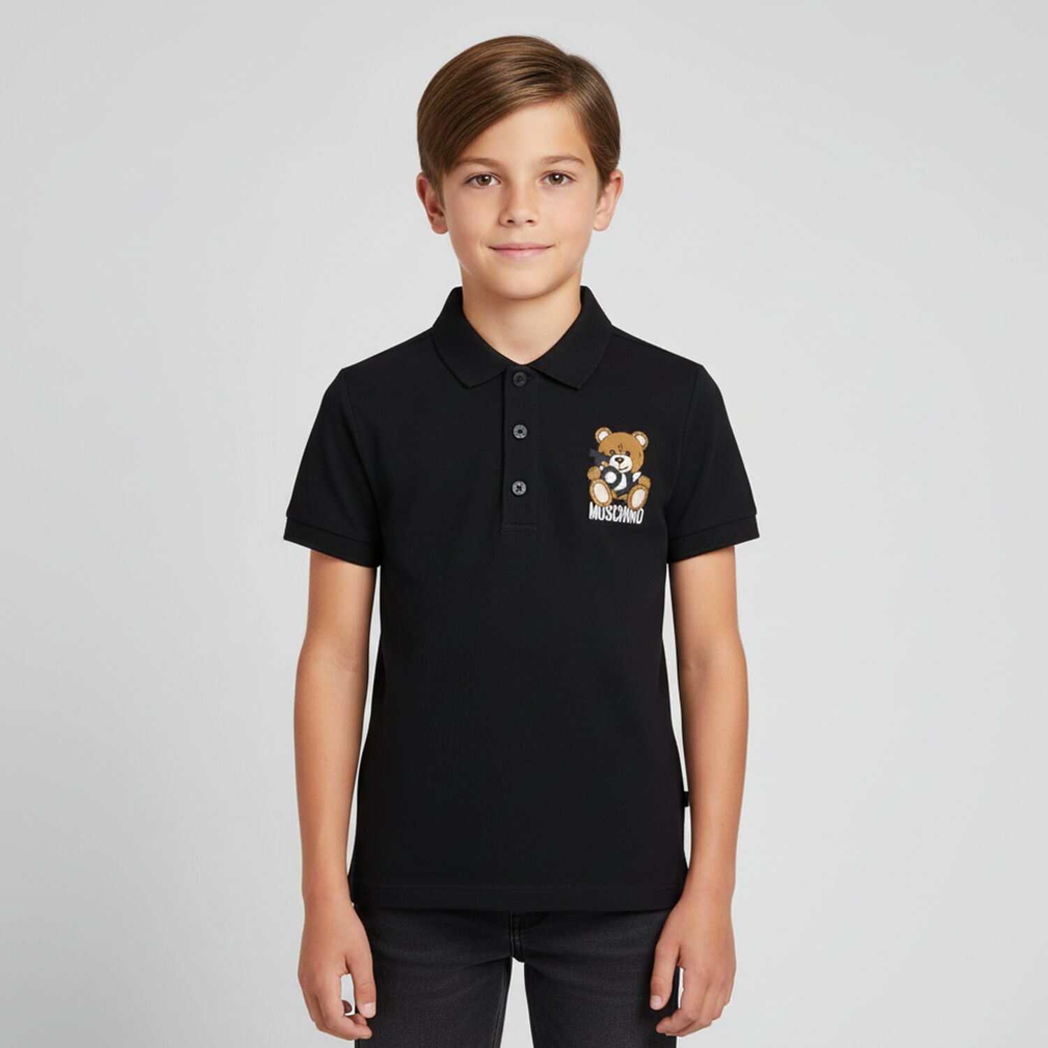 Boys Black Teddy Bear Polo Shirt, 1, hi-res image number null