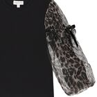 Girls Black Leopard Tulle Long Sleeve Top, 1, hi-res