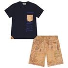 طقم شورت بطبعة خريطة جغرافية باللونين الأزرق الداكن والبيج للأولاد, 2, hi-res