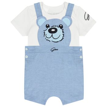 طقم دونغرى للاولاد بطبعه تيدى بير باللون الازرق و الابيض 