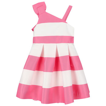 Girls White & Pink Striped Satin Dress