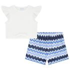 Girls White & Blue Zigzag Shorts Set, 3, hi-res