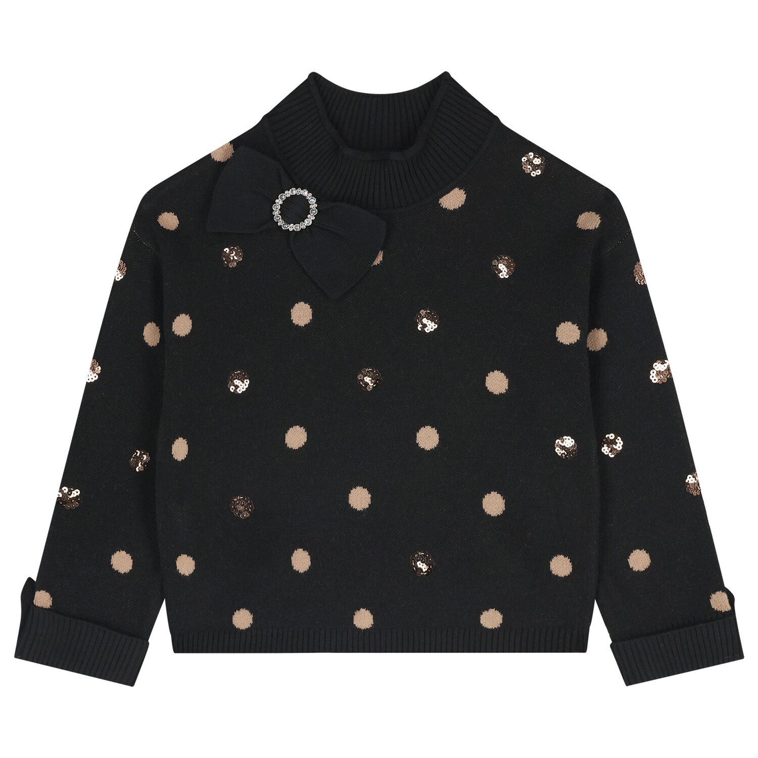 Girls Black & Beige Polka Dot Skirt Set, 1, hi-res