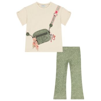 Girls Beige & Green Flower Leggings Set