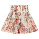 Girls Ivory & Pink Floral Shirred Skirt, 1, hi-res