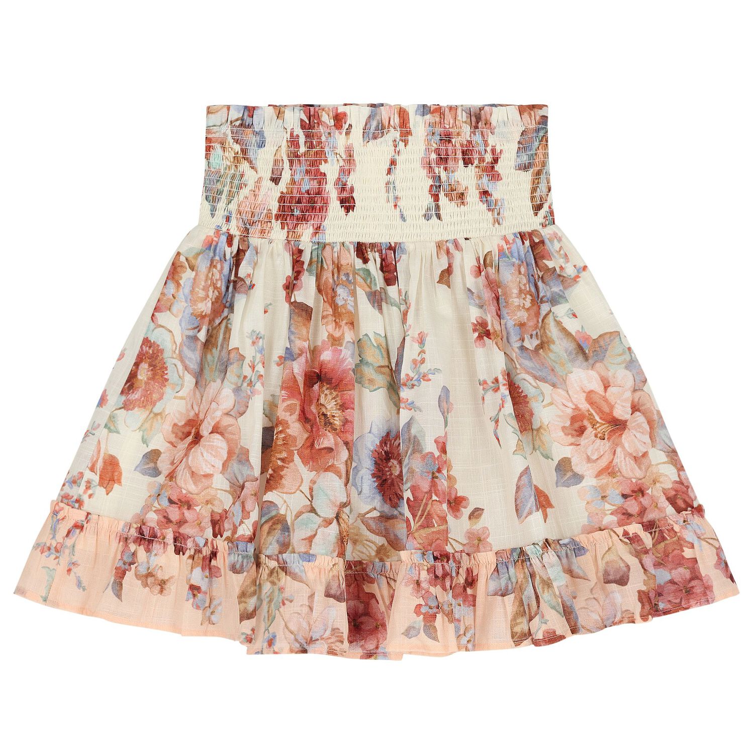 Girls Ivory & Pink Floral Shirred Skirt, 1, hi-res