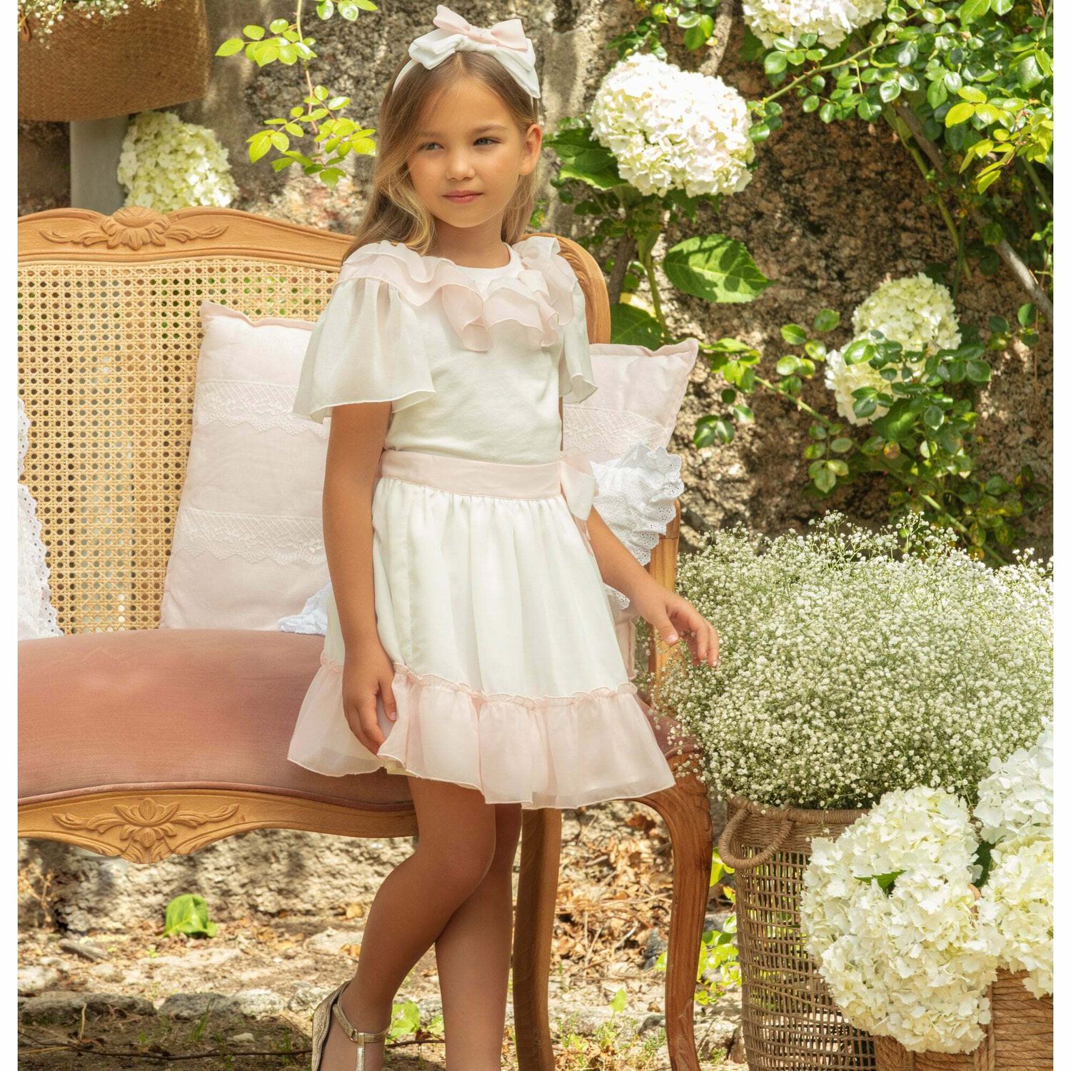 Girls Ivory & Pink  Chiffon Skirt, 1, hi-res