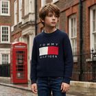 Boys Navy Blue Logo Knitted Sweater, 1, hi-res