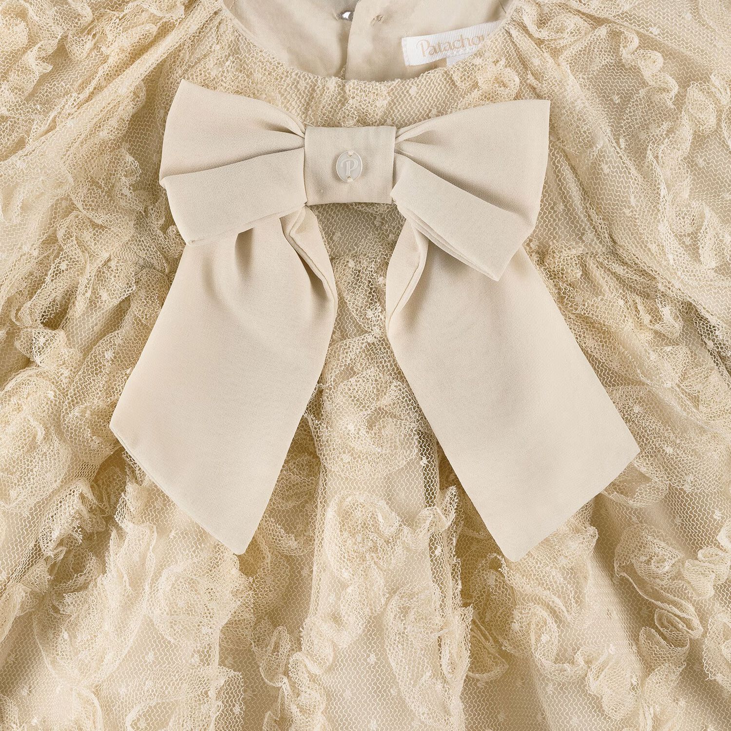 Girls Gold Bow Ruffled Tulle Dress, 1, hi-res