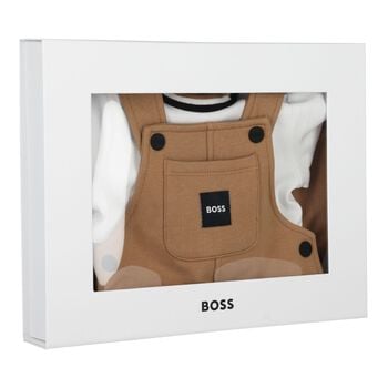 Baby Boys Beige & White Logo Dungaree Gift Set