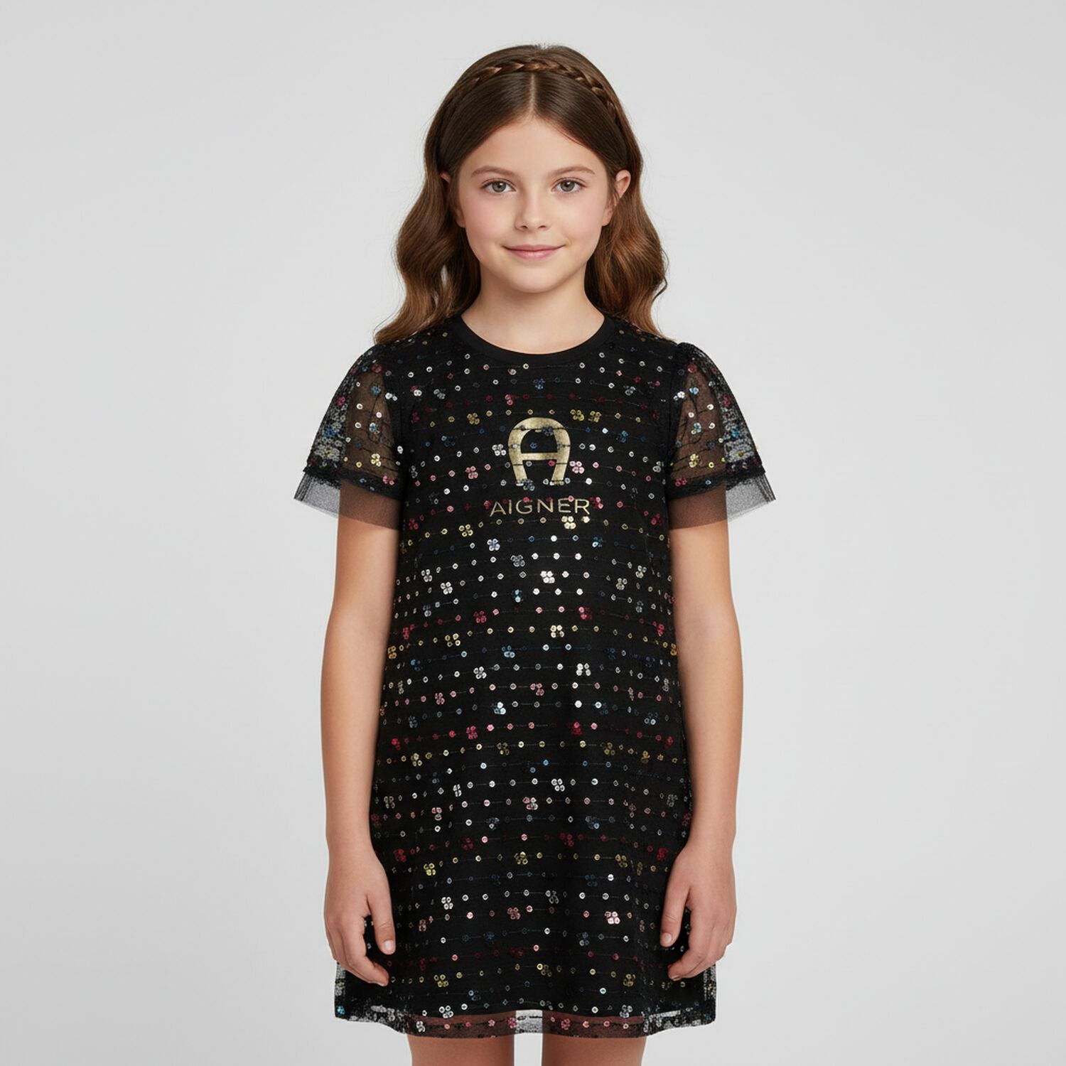 Girls Black Sequin Tulle Dress, 1, hi-res