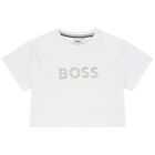 توب بنات قصير بالشعار باللون الابيض, 1, hi-res