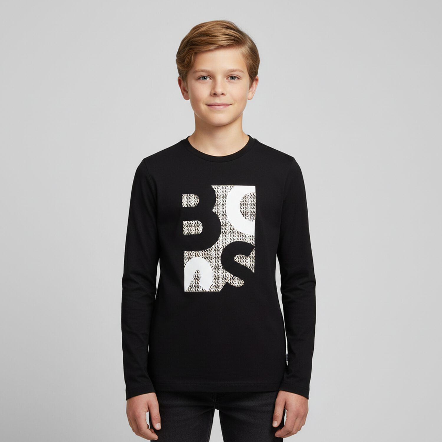 Boys Black Logo Long Sleeve Top, 1, hi-res image number null