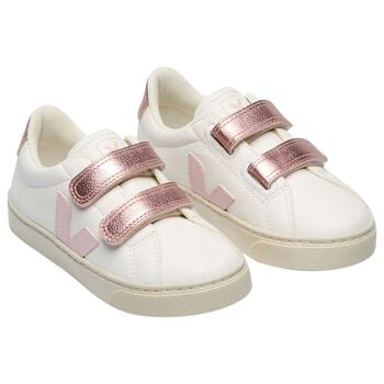 Girls White & Pink Logo Leather Trainers 