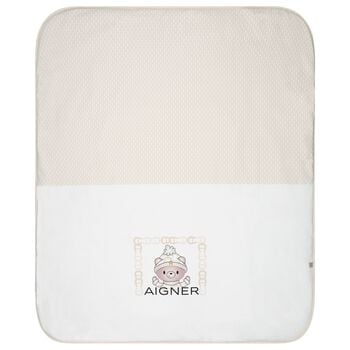 White & Beige Teddy Bear Logo Baby Blanket