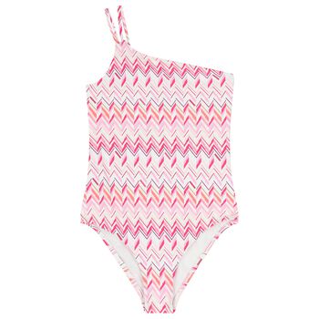 Girls White & Pink Zig Zag Swimsuit