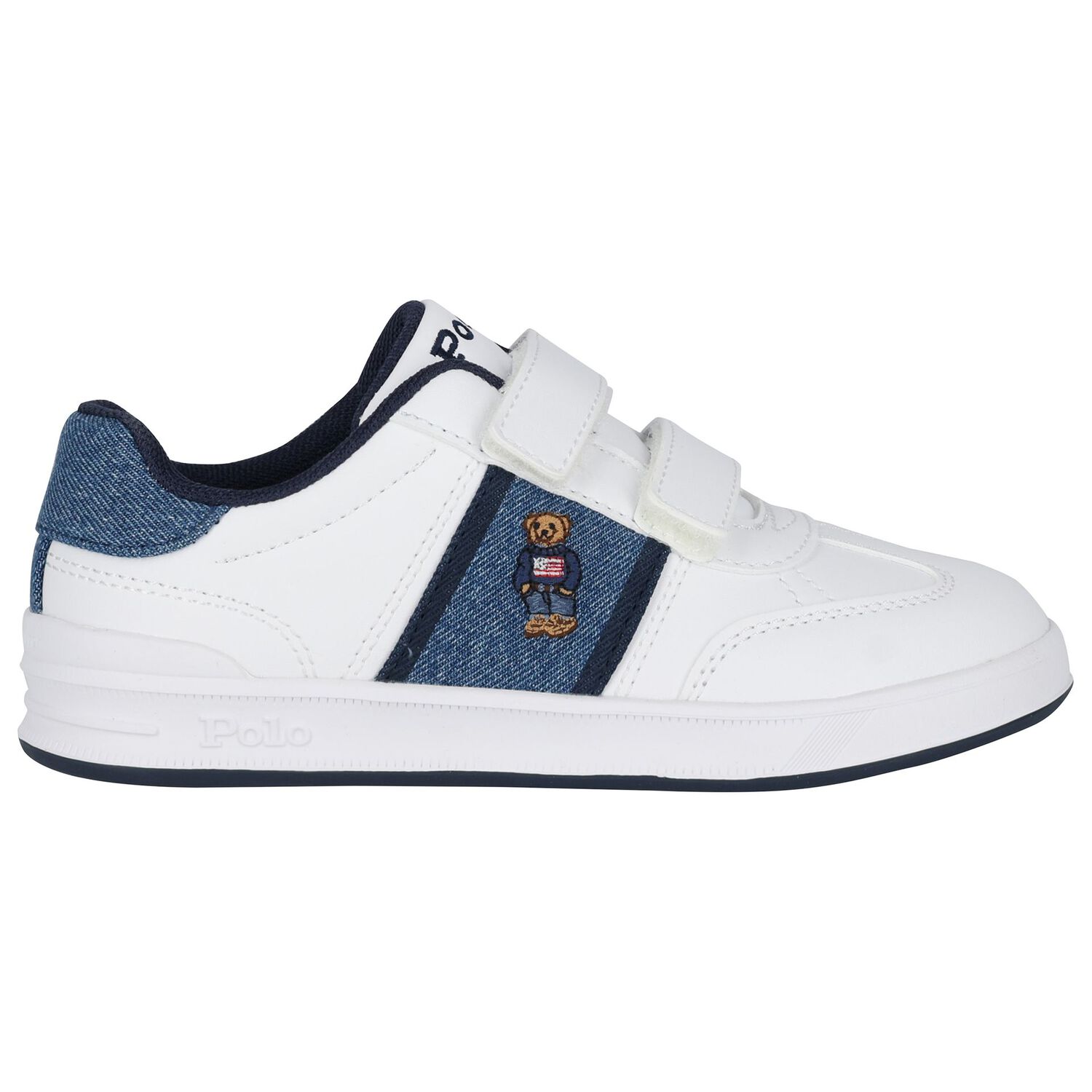 Boys White & Denim Blue Logo Trainers, 1, hi-res