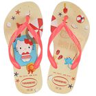 Girls Gold Hello Kitty Logo Flip Flops, 1, hi-res