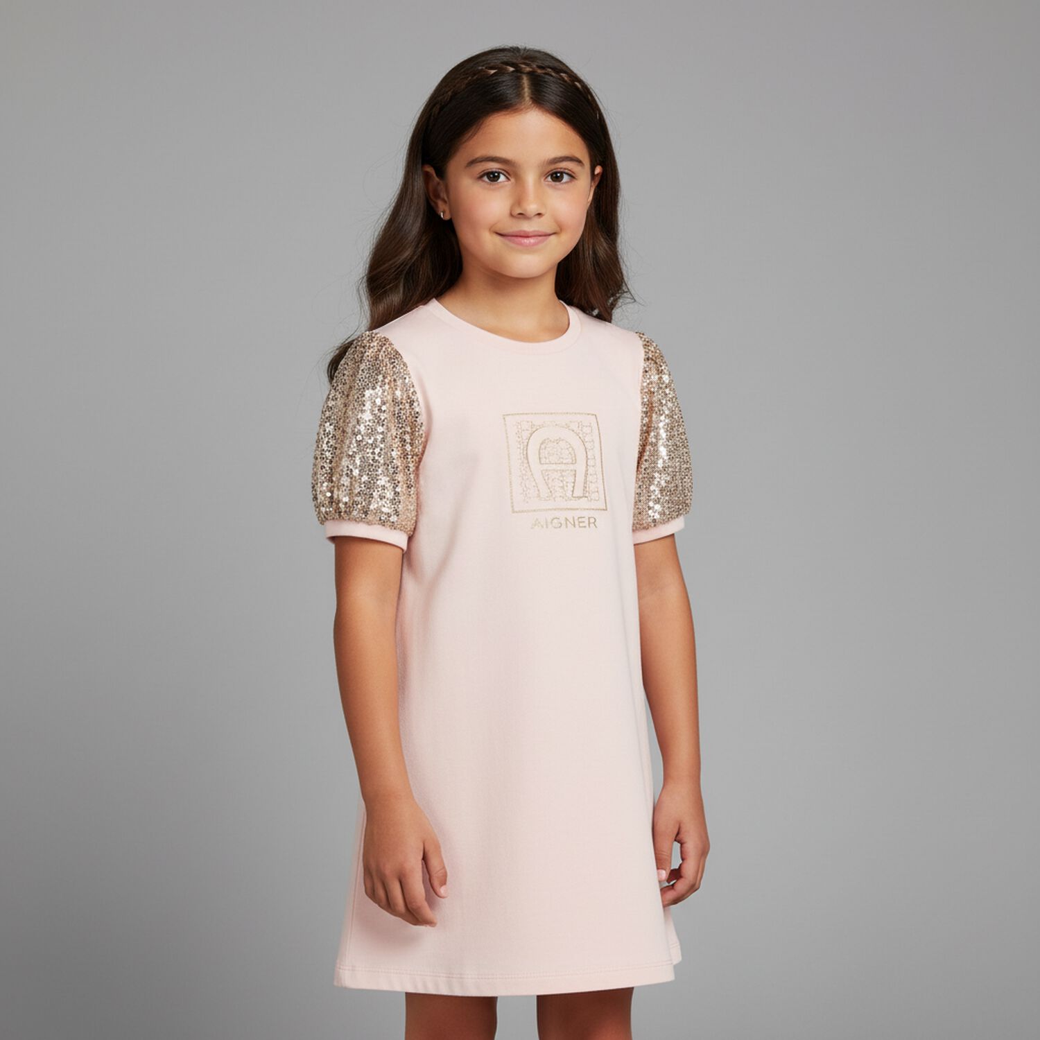 فستان بنات بالشعار باللون الوردي والذهبي , 2, hi-res image number null