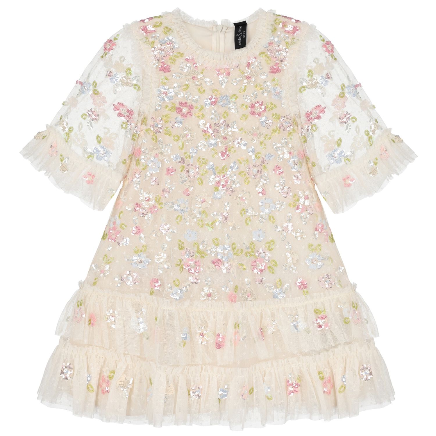 Girls Ivory Floral Tulle & Sequin Dress, 2, hi-res
