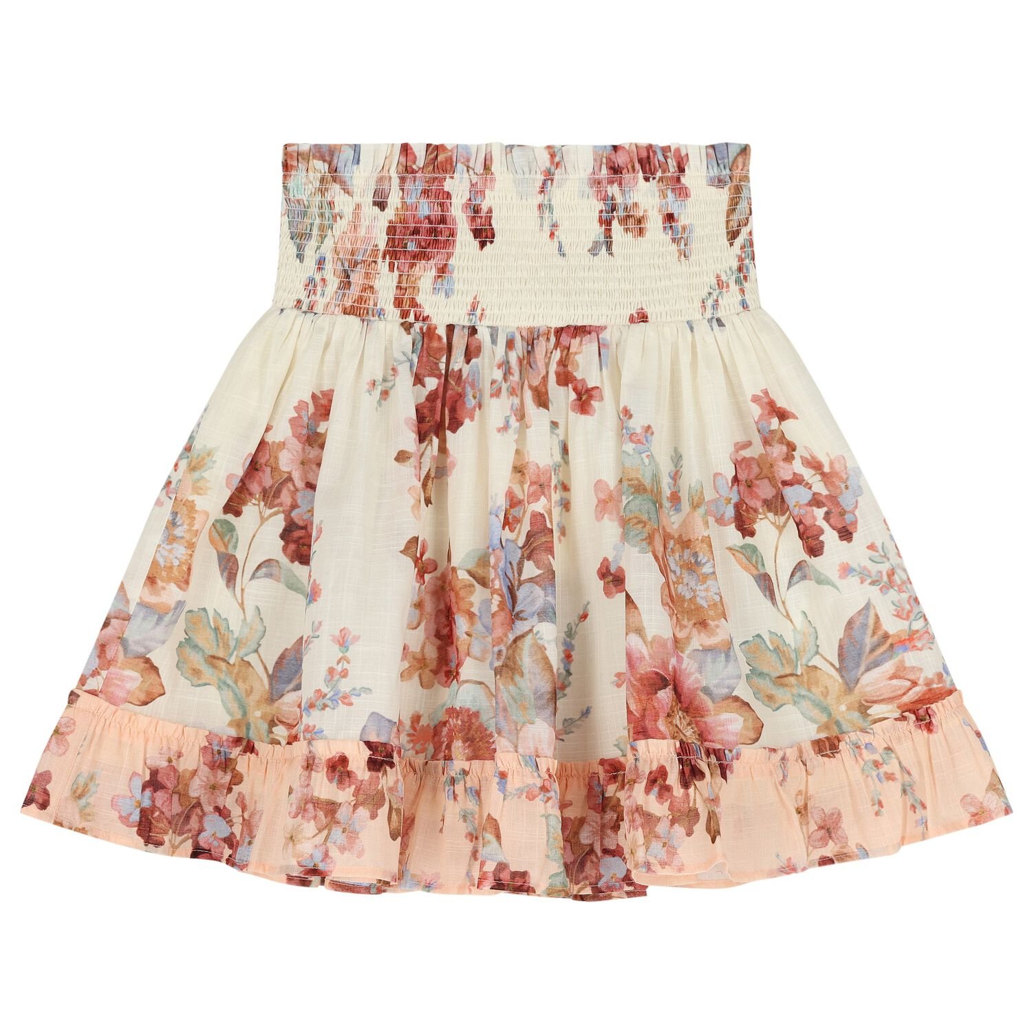 Girls Ivory & Pink Floral Shirred Skirt, 1, hi-res