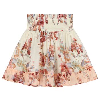 Girls Ivory & Pink Floral Shirred Skirt