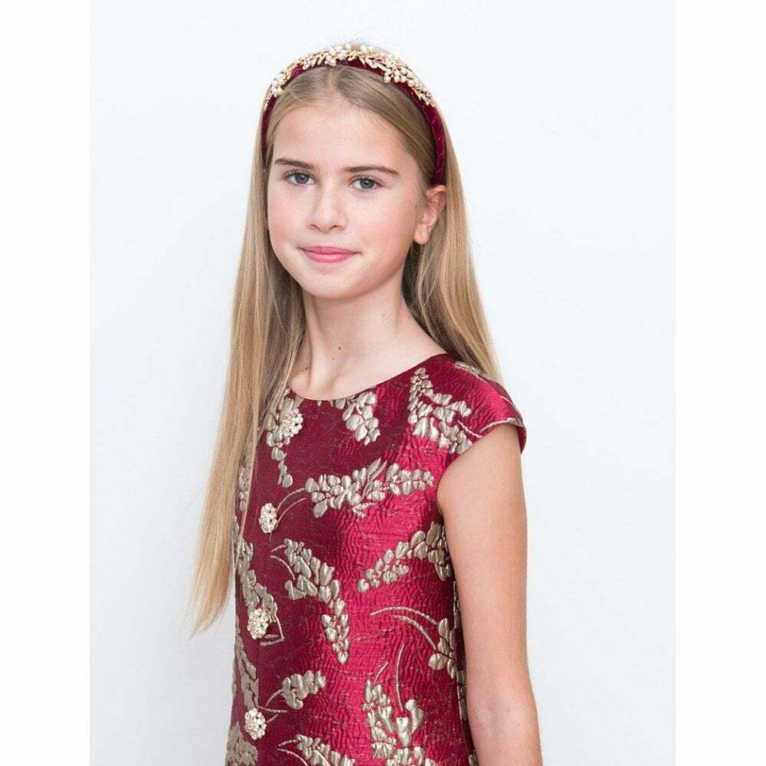 Older Girls Red & Gold Brocade Dress, 1, hi-res