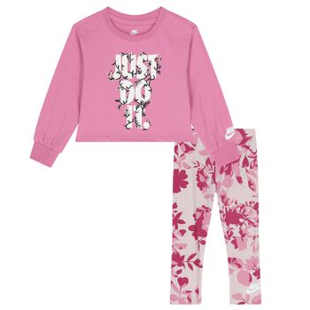 Girls Pink Logo Floral Leggings Set