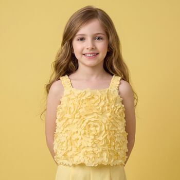 Girls Yellow Flower Tulle Sleeveless Top