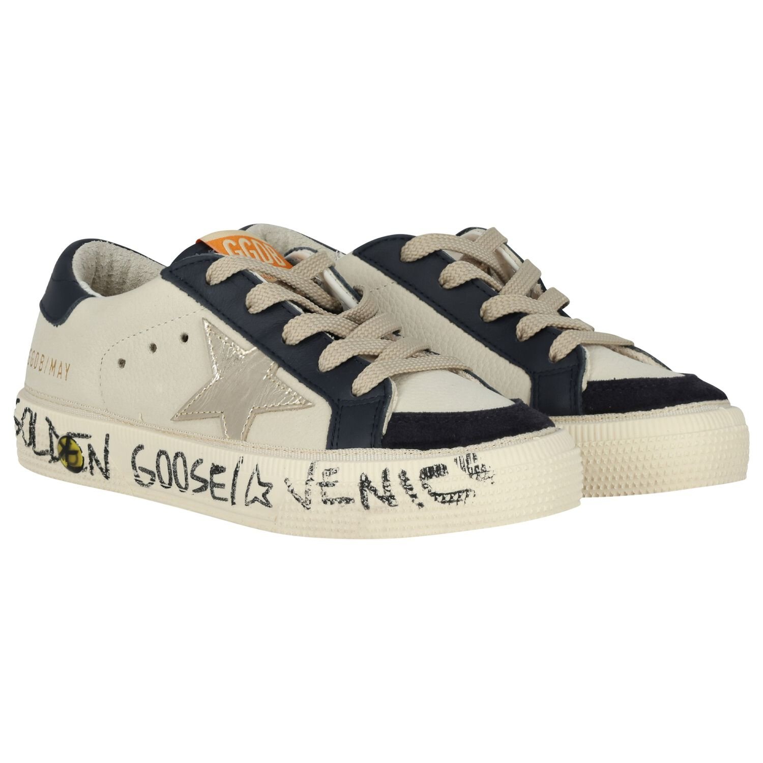 حذاء رياضي بشعار باللون عاجي وأزرق, 1, hi-res