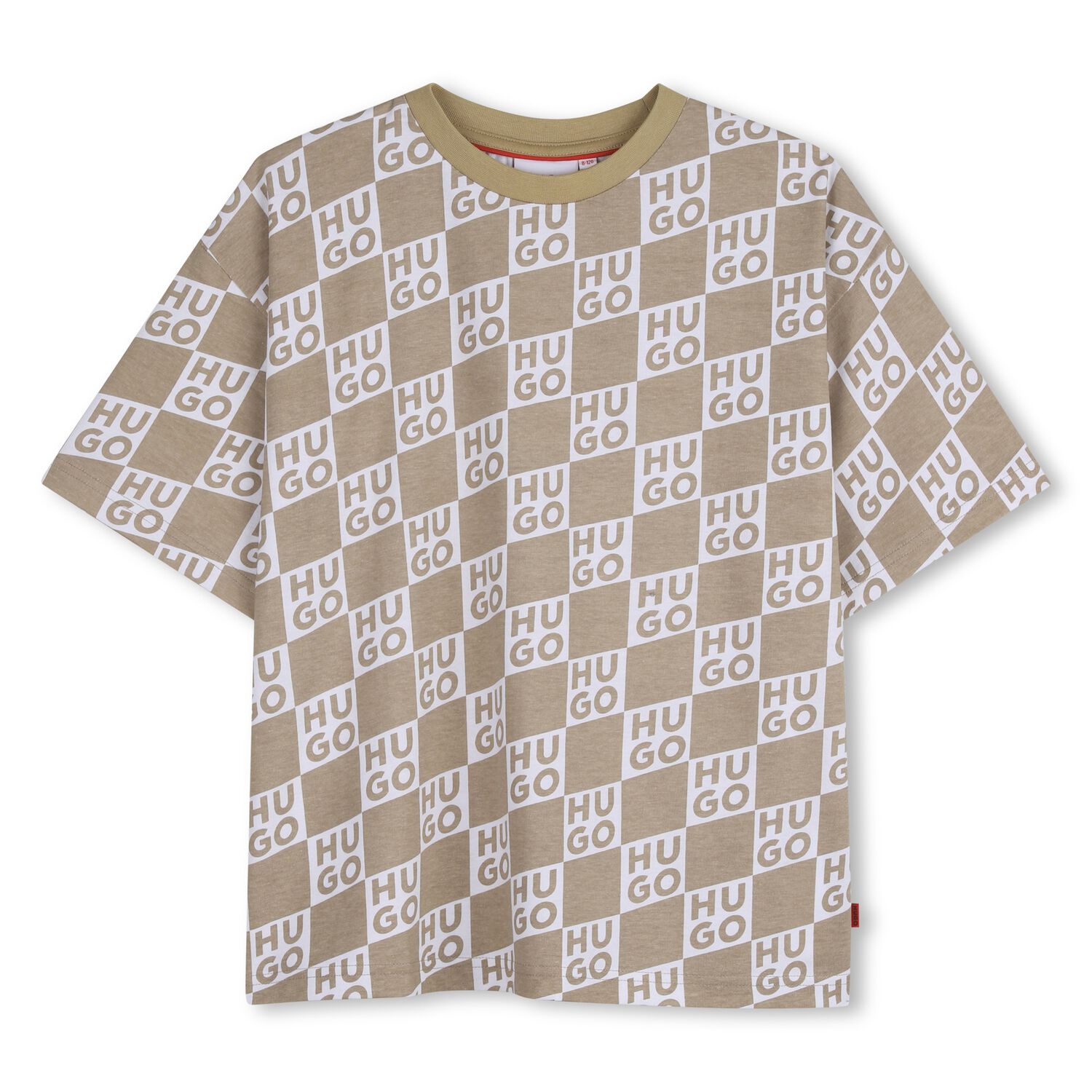 Boys Beige & White Check Logo T-Shirt, 1, hi-res