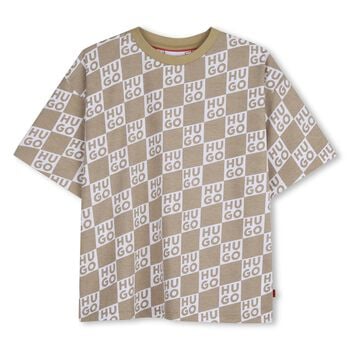 Boys Beige & White Check Logo T-Shirt