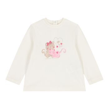 Younger Girls Ivory Cat Long Sleeve Top