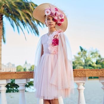 Girls Pink 3D Flower Tulle Cape Dress