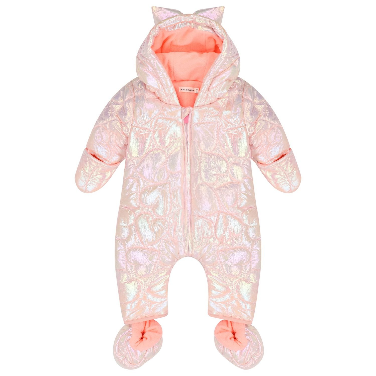 Baby Girls Pink Quilted Heart Snowsuit, 1, hi-res