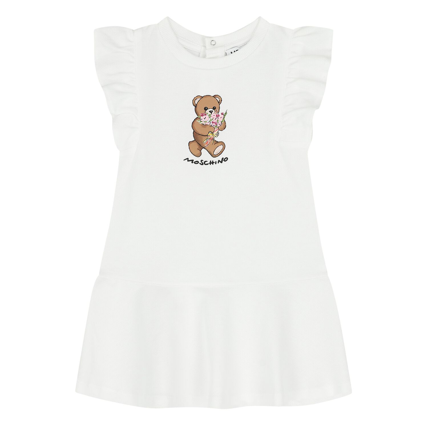 Younger Girls White Teddy Bear Ruffled Dress, 1, hi-res