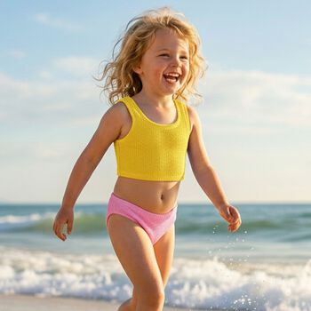 بيكيني من القماش المرن والمجعد باللون الأصفر والوردي الفاتح للبنات