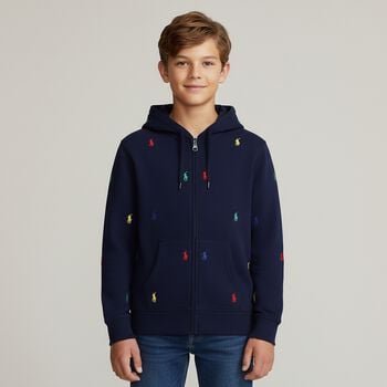 Boys Navy Blue Logo Hooded Zip Up Top