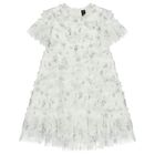 Girls White Floral Ruffled Tulle Dress, 1, hi-res
