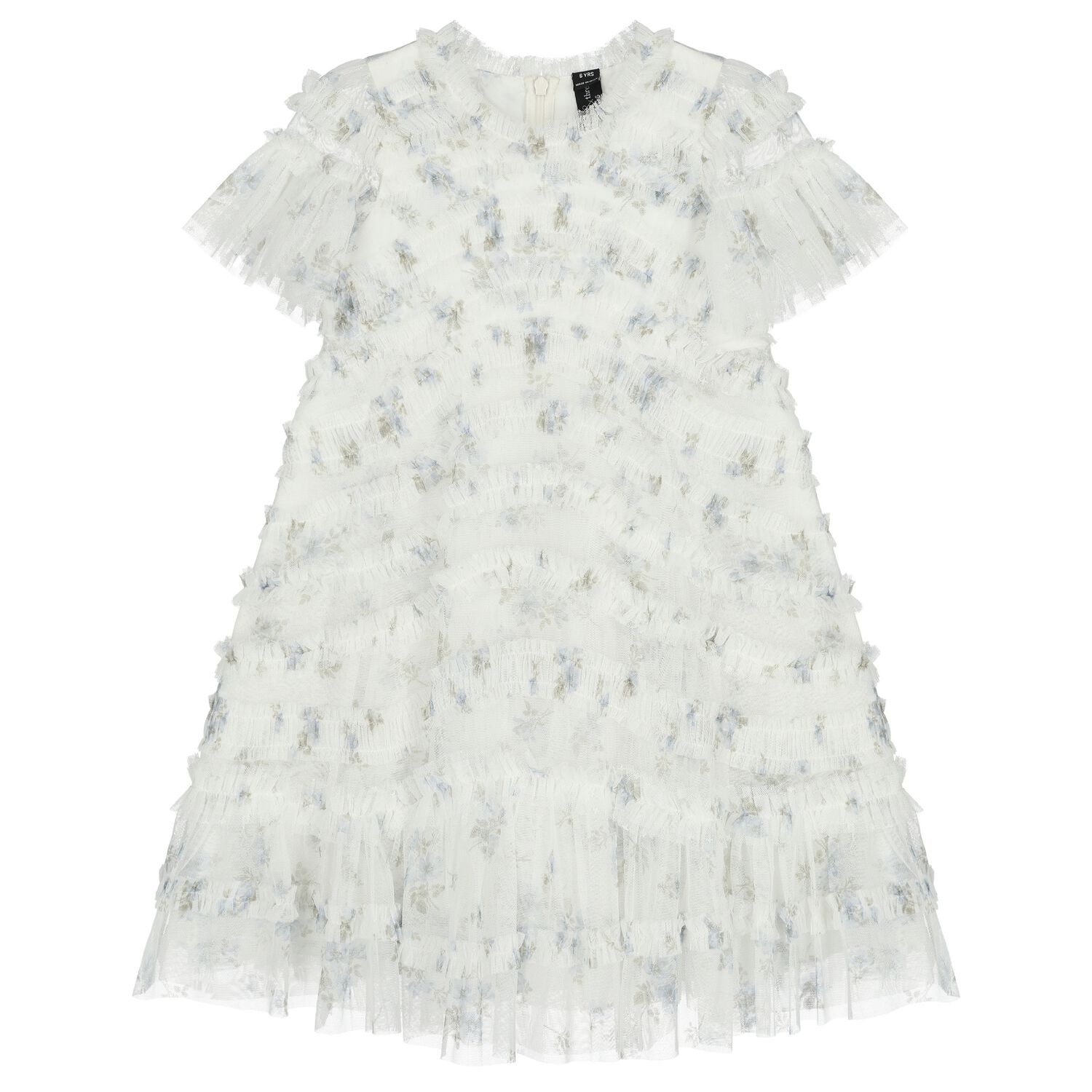 Girls White Floral Ruffled Tulle Dress, 1, hi-res